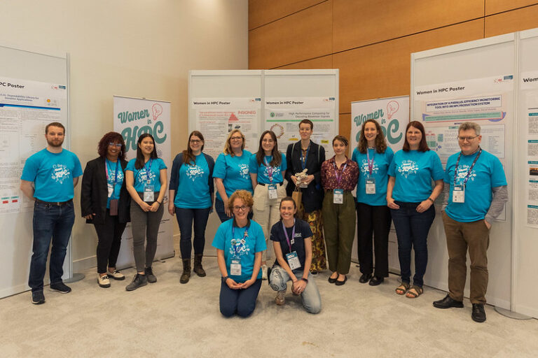 The volunteers, mentors, and speakers for Women in HPC at ISC23 gather around their research posters for a group picture.