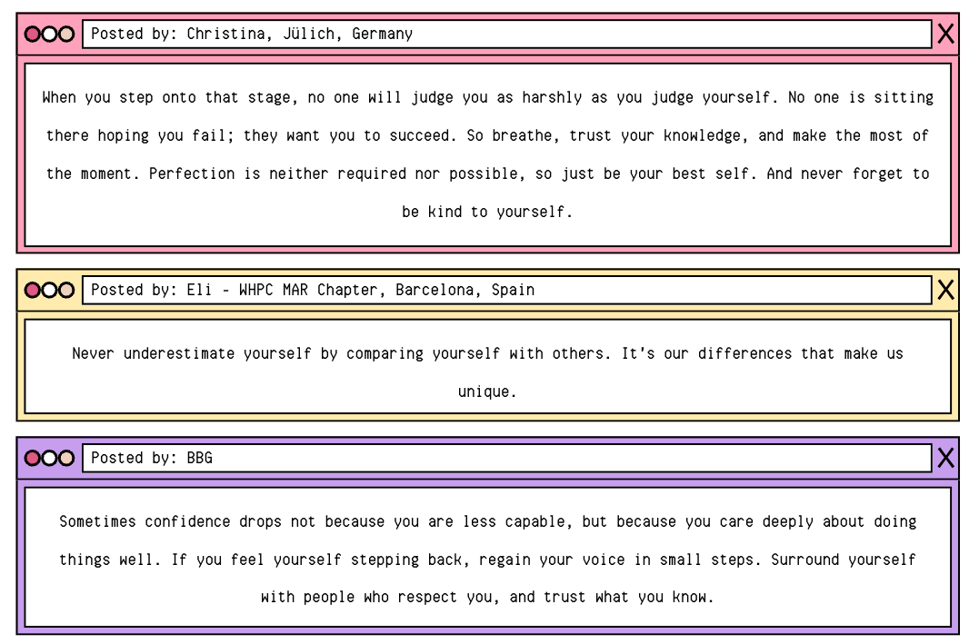 Includes messages from Women in HPC, displayed in retro computer windows. The full text is included below the images.