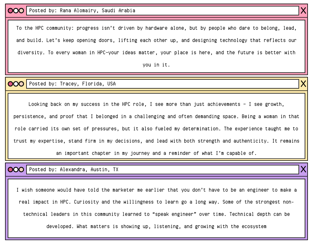 Includes messages from Women in HPC, displayed in retro computer windows. The full text is included below the images.