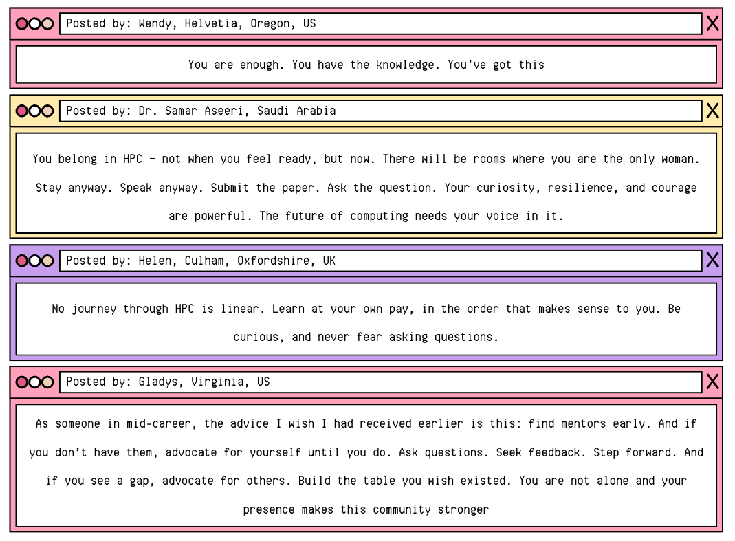 Includes messages from Women in HPC, displayed in retro computer windows. The full text is included below the images.