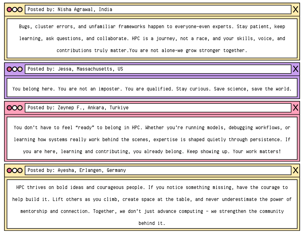 Includes messages from Women in HPC, displayed in retro computer windows. The full text is included below the images.